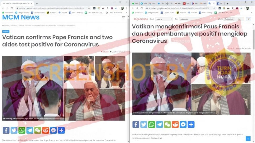 Benarkan Paus Fransiskus terinfeksi virus corona? (Turnbackhoax.id)
