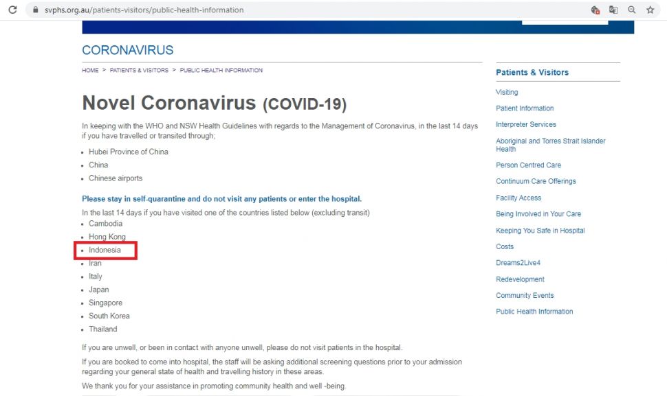 Imbauan St Vincents's Private Hospital Sydney soal negara terinfeksi virus corona (svphs.org.au)