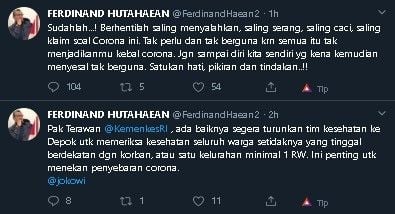 Cuitan Ferdinand soal WNI terjangkit virus corona. (Twitter/@FerdinandHaean2)