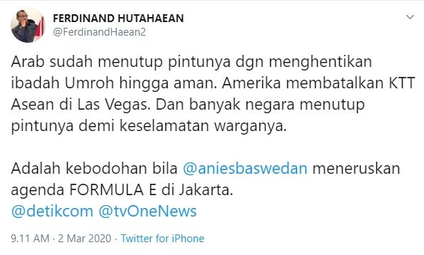 Cuitan Ferdinand yang mendesak Anies Baswedan untuk membatalkan ajang balapan Formula E.