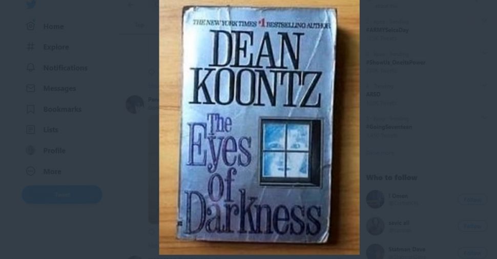 Buku fiksi The Eyes of Darkness karya Dean Koontz yang diklaim meramal adanya virus corona Covid-19. [Twitter]
