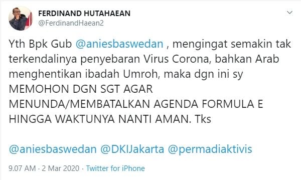 Ferdinand Hutahaean mendesak gubernur Anies Baswedan batalkan ajang Formula E.