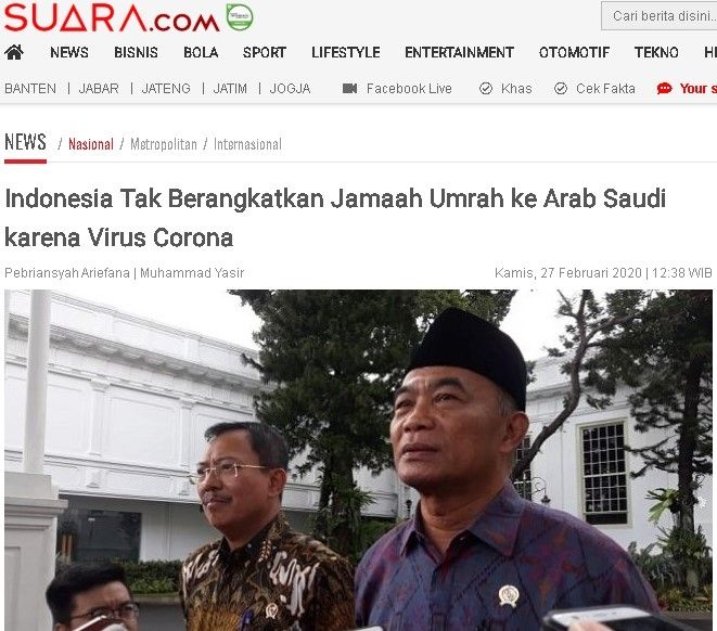 Indonesia tak berangkatkan jamaah umrah ke Arab Saudi karena virus corona. (Suara.com)