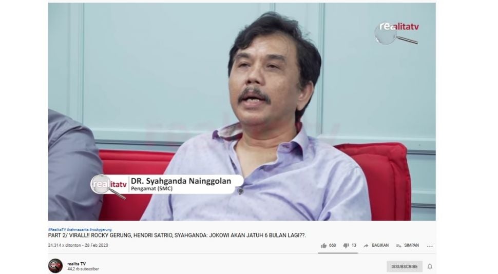 Syahganda Nainggolan dalam video di realita TV (Screenshot YouTube realita TV)