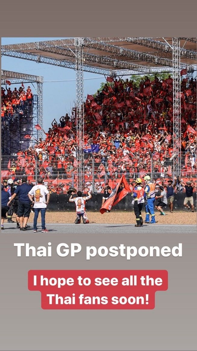 Komentar pebalap Repsol Honda, Marc Marquez, soal penundaan MotoGP Thailand dalam Insta Story di akun Instagram pribadinya, Senin (2/3/2020). [Instagram@marcmarquez93]