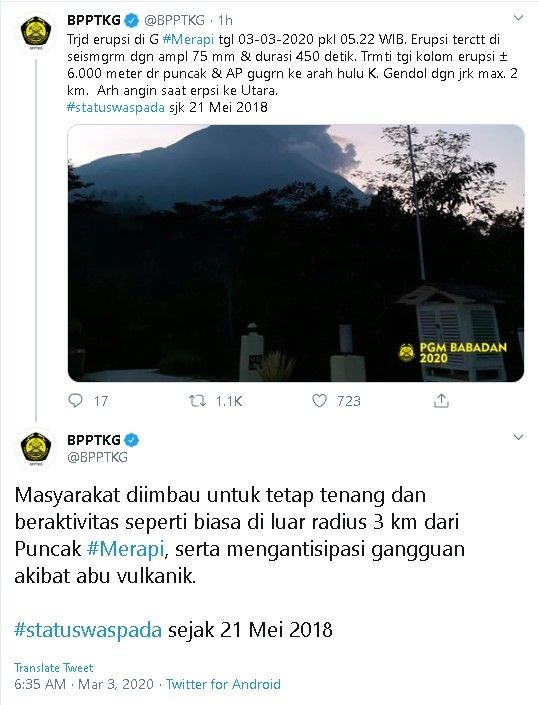 Erupsi Gunung Merapi, Selasa (3/3/2020). - (Twitter/@BPPTKG)