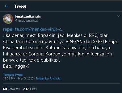 Cuitan Tengku Zul soal pernyatan Menkes Terawan tentang virus corona. (Twitter/@ustaztengkuzul)