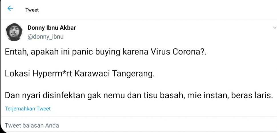 Warganet protes panic buying (Twitter/Donny_ibnu)