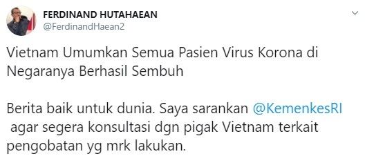 Kemenkes diminta belajar pengobatan virus corona ke Vietnam (Twitter/ferdinandhaean2)