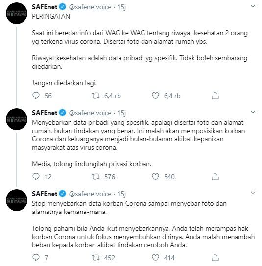 SAFEnet minta publik tak sebar identitas pribadi pasien virus corona (Twitter/safenetvoice)