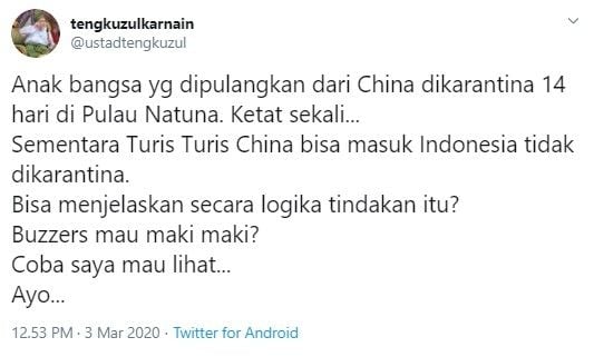 Tengku Zul soroti beda perlakuan WNI dari Wuhan dan turis China (Twitter/ustadtengkuzul)