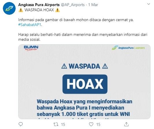 Klarifikasi Angkasa Pura I soal program 1.000 tiket pesawat gratis untuk WNI di China (Twitter)