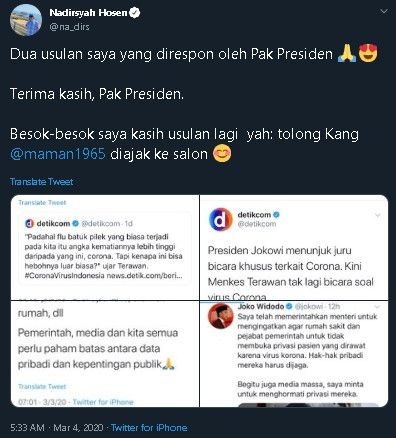 Krtik Gus Nadir soal virus corona dijawab Jokowi. (Twitter/@na_dirs)