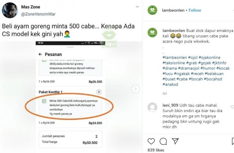 Pesan ayam goreng tapi cabenya harus 500 buah. (Instagram/Lambeonlen)