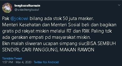 Cuitan Tengku Zul soal virus corona. (Twitter/@ustadtengkuzul)