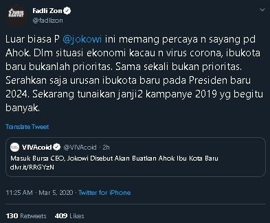 Cuitan Fadli Zon soal Ahok dikandidatkan jadi pemimpin ibu kota baru. (Twitter/@fadlizon)