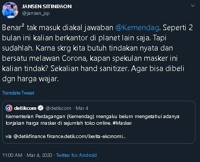 Cuitan Jansen PD soal Kemendag tak tahu harga masker. (Twitter/@jansen_jsp)