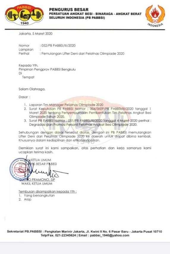 Surat pemulangan PABBSI yang diberikan untuk lifter Deni [Dok PABBSI].