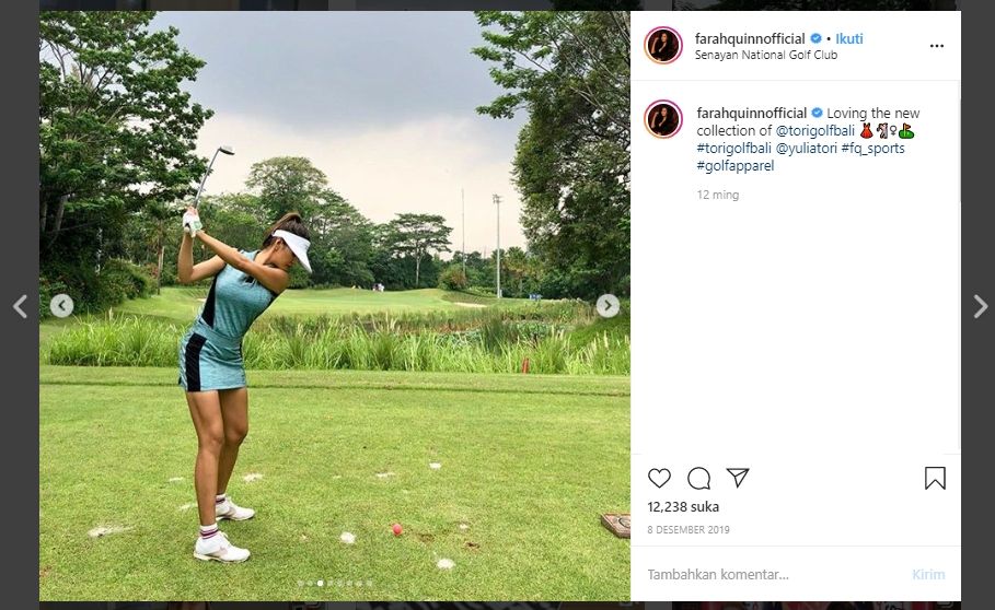 Gaya Farah Quinn saat main golf. (Instagram/@farahquinnofficial)