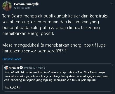 Cuitan Tsamara soal foto Tara Basro dikritik Kominfo. (Twitter/@TsamaraDKI)