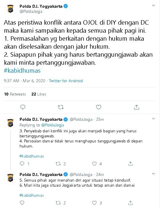 Pernyataan Polda DIY soal ojol vs DC - (Twitter/@PoldaJogja)