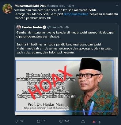 Said Didu minta Mahfud MD turun tangan tanggapi hoaks. (Twitter/@msaid_didu)