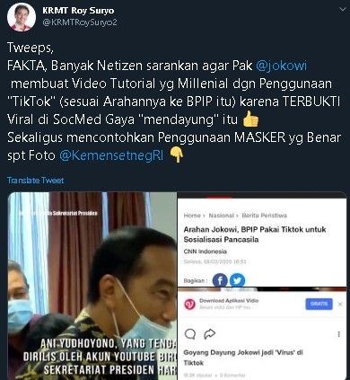 Roy Suryo sarankan Jokowi pakai aplikasi TikTok. (Twitter/@KRMTRoySuryo)