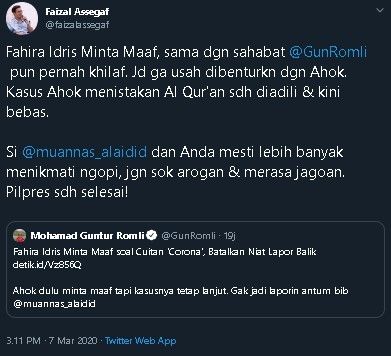 Cuitan Faizal soal kasus hoaks virus corona. (Twitter/@faizalassegaf)