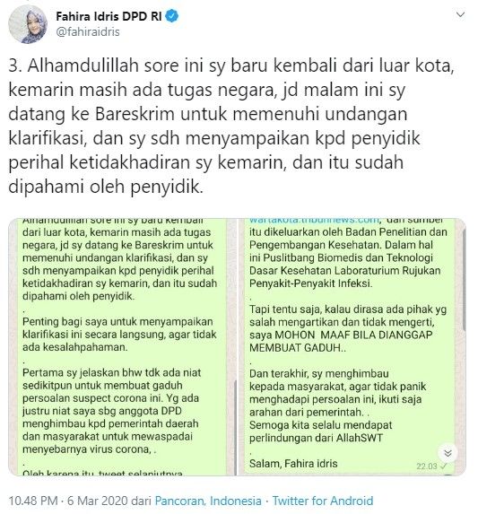 Fahira penuhi panggilan Bareskrim (Twitter/fahiraidris)