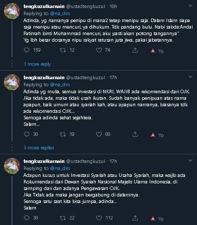 Tengku Zull tanggapi cuitan Gus Nadir soal penipuan berkedok syariah. (Twitter/@na_dirs)