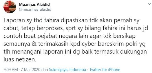 Muannas ogah cabut laporan Fahira Idris ke polisi (Twitter/muannas_alaidid)