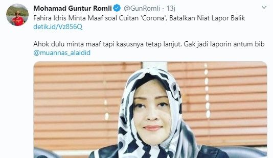 Guntur Romli bandingkan kasus Fahira Idris dengan Ahok (Twitter/gunromli)