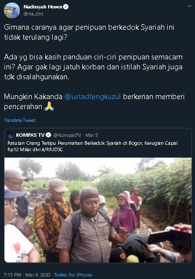 Cuitan Gus Nadir soal penipuan berkedok syariah. (Twitter/@na_dirs)