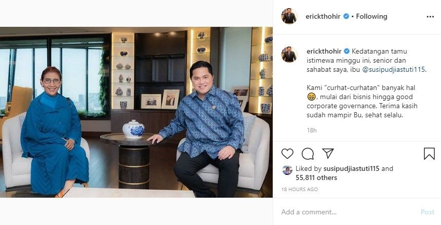 Susi Pudjiastuti datangi kantor Menteri BUMN Erick Thohir (Instagram/erickthohir)