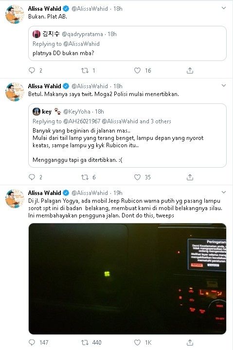 Alissa Wahid keluhkan lampu sorot putih sebuah mobil di Jalan Palagan Tentara Pelajar, Sleman - (Twitter/@AlissaWahid)