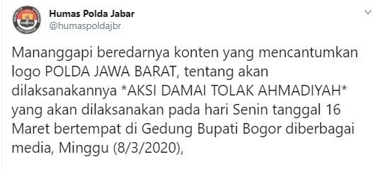 Polda Jabar soal aksi damai tolak Ahmadiyah (Twitter/humaspoldajbr)