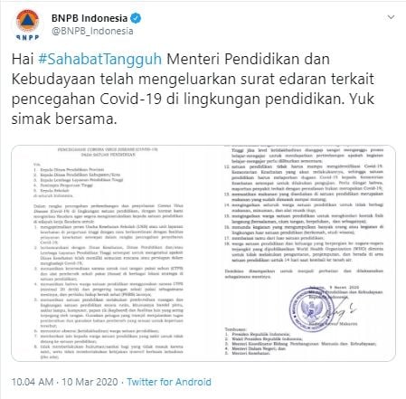 Surat Edaran Menteri Pendidikan dan Kebudayaan soal virus corona (Twitter)