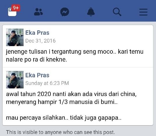 Tangkapan layar perubahan postingan akun Facebook Eka Pras yang disebut meramalkan virus corona. Terbukti ia hanya meng-edit postingan lama dari 31 Desember 2016 pada Minggu (8/3/2020) kemarin. [Facebook/Eka Pras]