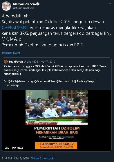 Cuitan Mardani Ali Sera soal iuran BPJS batal naik. (Twitter/@MardaniAliSera)