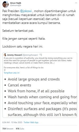 Cuitan Ainun Najib soal lockdown negara demi corona (Twitter).