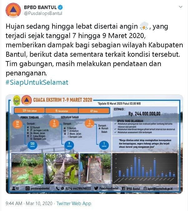 Dampak hujan angin selama tiga hari di Bantul - (Twitter/@PusdalopsBantul)