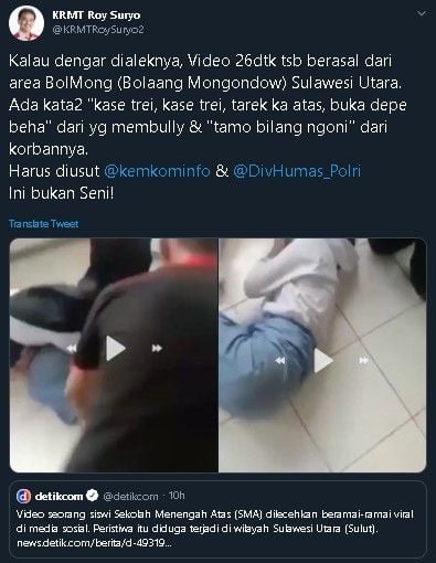 Cuitan Roy Suryo soal video anak SMA dilecehkan teman-temannya. (Twitter/@KRMTRoySuyo2)