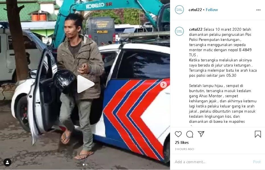 Terduga pelaku pos polisi Kentungan ditangkap Polres Sleman, Selasa (10/3/2020). - (Instagram/@cetul22)