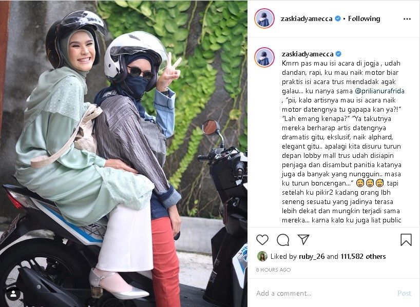 Zaskia Adya Mecca naik sepeda motor ke Malioboro Mall - (Instagram/@zaskiadyamecca)