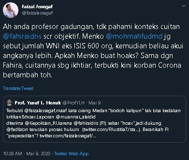 Muannas Al Aidid semprot Faizal Aseegaf soal kasus Fahira Idris. (Twitter/@faizalassegaf)