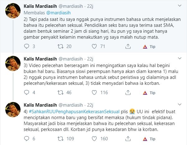 Aktivis perempuan, Kalis Mardiasih menanggapi kasus pelecehan seksual anak SMA (Twitter).