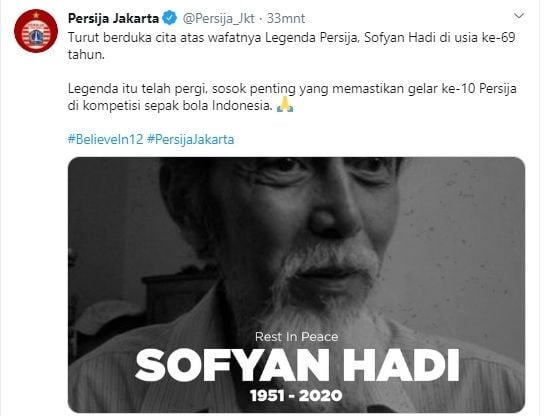 Berita duka wafatnya legenda Persija, Sofyan Hadi. (Screenshot Twitter @Persija_Jkt)