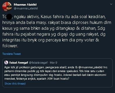 Muannas Al Aidid semprot Faizal Aseegaf soal kasus Fahira Idris. (Twitter/@muannas_alaidid)