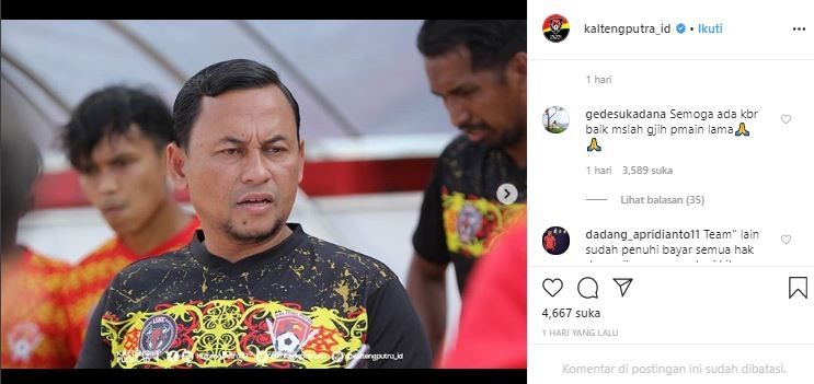 Instagram Kalteng Putra diserbu pertanyaan gaji musim lalu oleh para mantan pemain. (Instagram/@kaltengputra_id).
