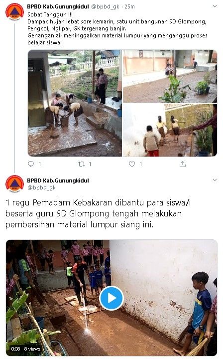 Siswa SD Glompong, Pengkol, Nglipar, Gunungkidul membersihkan lumpur setelah sekolah kebanjiran, Kamis (12/3/2020). - (Twitter/@bpbd_gk)